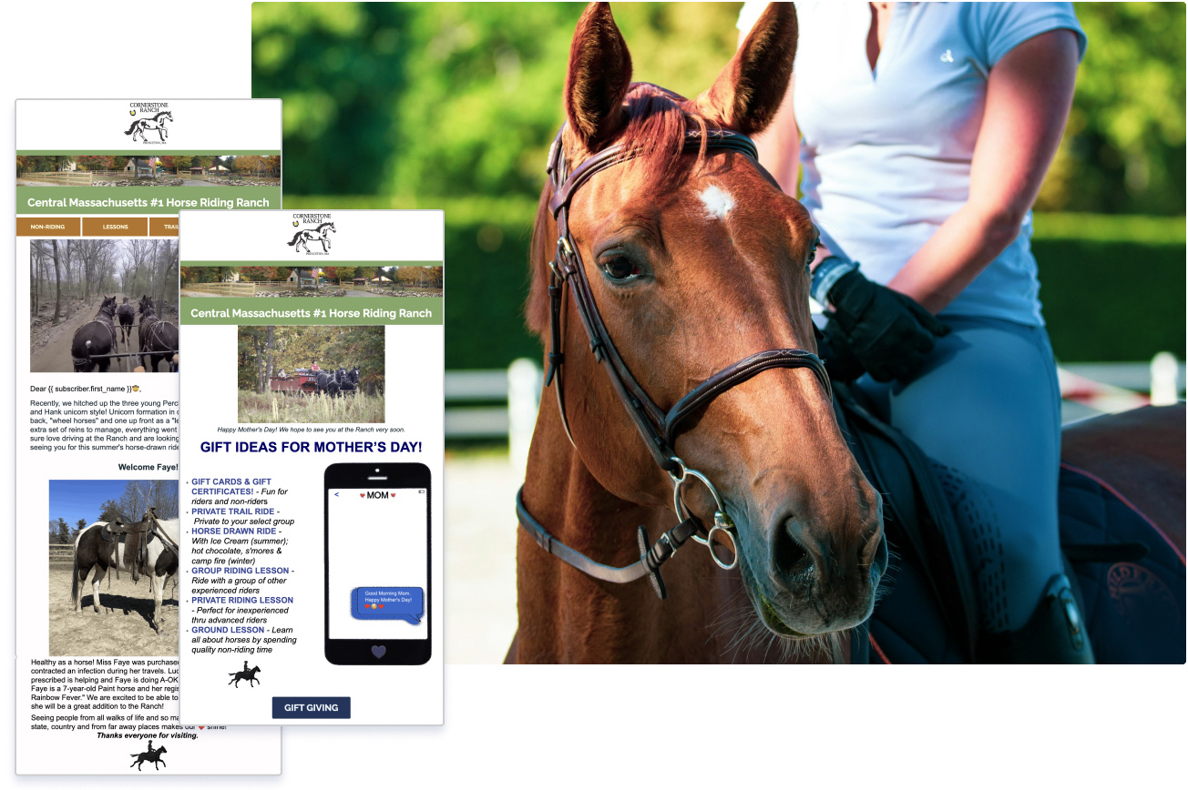 Cornerstone Ranch email examples overlaying an image of a horse and rider. Cornerstone Ranch email examples overlaying an image of a horse and rider.